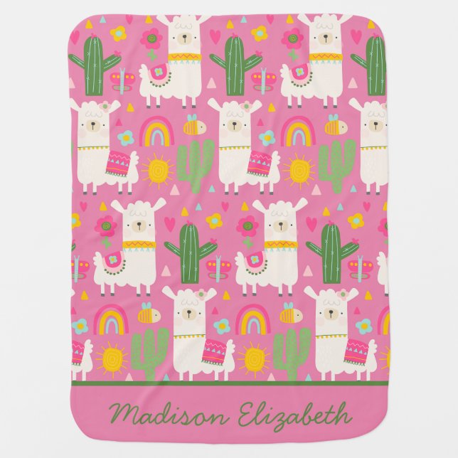 Girly Cute Llamas Green Cactus Rainbows Pink Baby Baby Blanket (Front)