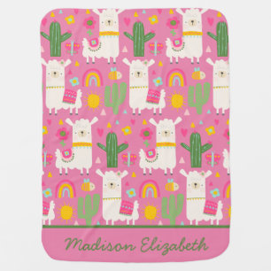Girly Cute Llamas Green Cactus Rainbows Pink Baby Blanket