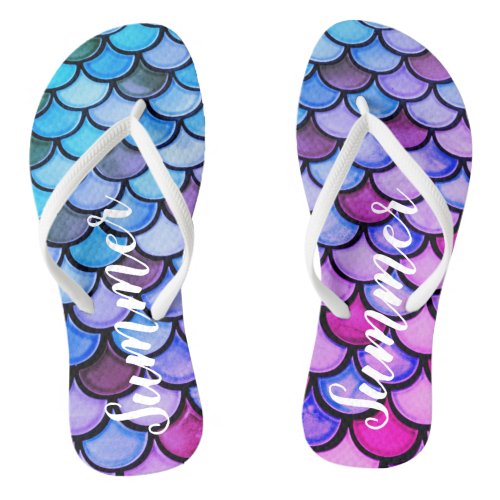 Girly Cute Magenta Purple Blue Mermaid Scales Flip Flops