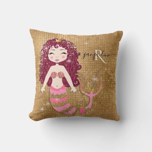 Girly Cute Mermaid Gold Glitter Modern Monogram Throw Pillow