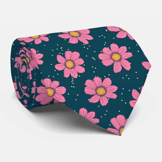 Girly Cute Modern Blue Pink Floral Flowers Neck Tie (Rolled)