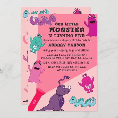 Girly Cute Monster Flashlight Sleepover Birthday Invitation