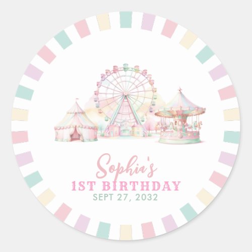 Girly Cute Pastel Carnival Circus Kids Birthday Classic Round Sticker