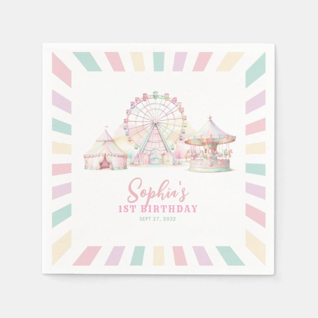 Girly Cute Pastel Carnival Circus Kids Birthday Napkins (Front)