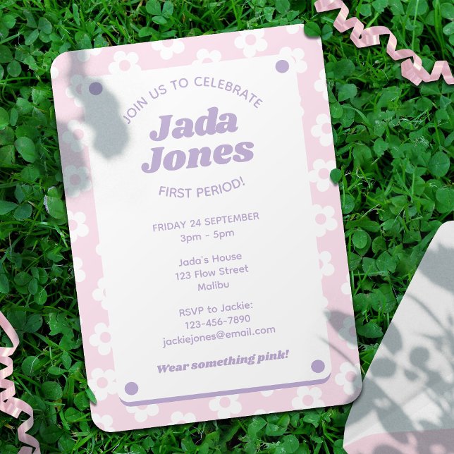 Girly Cute Pastel Pink Flowers First Period Party  Invitation (In Situ on clover field)