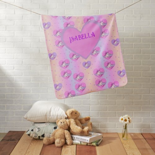 Girly Cute Pink and Purple Unicorns & Hearts Baby Blanket