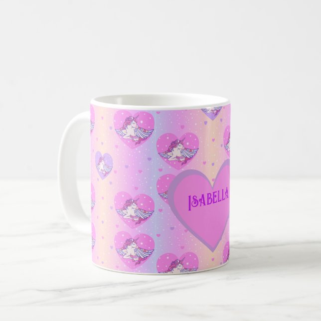 Girly Cute Pink and Purple Unicorns & Hearts Mug (Front Left)