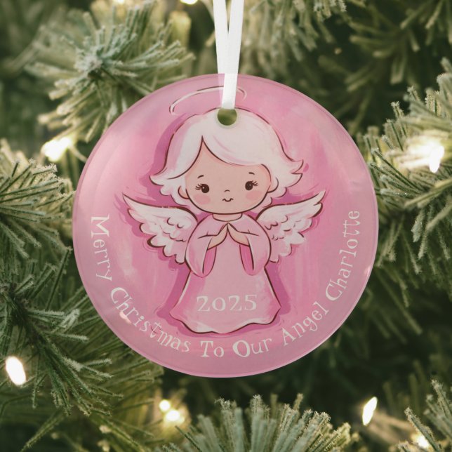 Girly Cute Pink Angel 2025 Glass Ornament (Insitu)