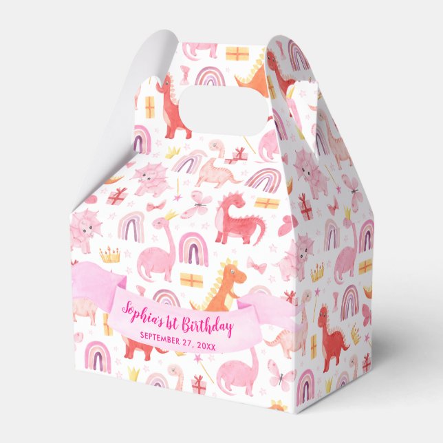 Girly Cute Pink Baby Dinosaur Kids Birthday Favor Boxes (Front Side)
