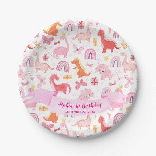 Girly Cute Pink Baby Dinosaur Kids Birthday Paper Plates