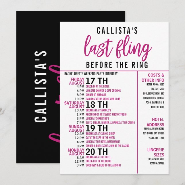 Girly Cute Pink Black Bachelorette Party Itinerary Invitation (Front/Back)