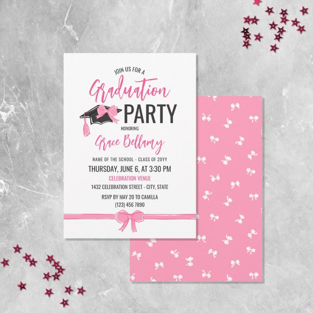 Girly Cute Pink Bows Graduation Celebration Invitation (Creator Uploaded)