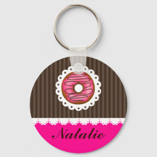 Girly Cute Pink & Brown Donut Personalized Name Keychain