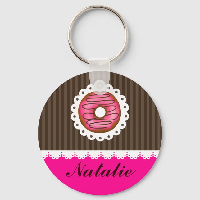 Girly Cute Pink & Brown Donut Personalized Name Keychain (Front)