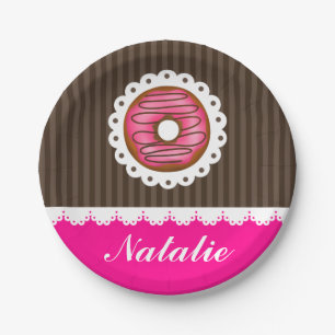 Girly Cute Pink & Brown Donut Personalized Name Paper Plates