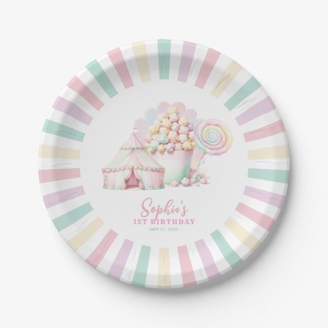 Girly Cute Pink Carnival Circus Kids Birthday Paper Plates (Front)