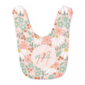 Girly Cute Pink Daisy Floral Monogrammed Baby Bib