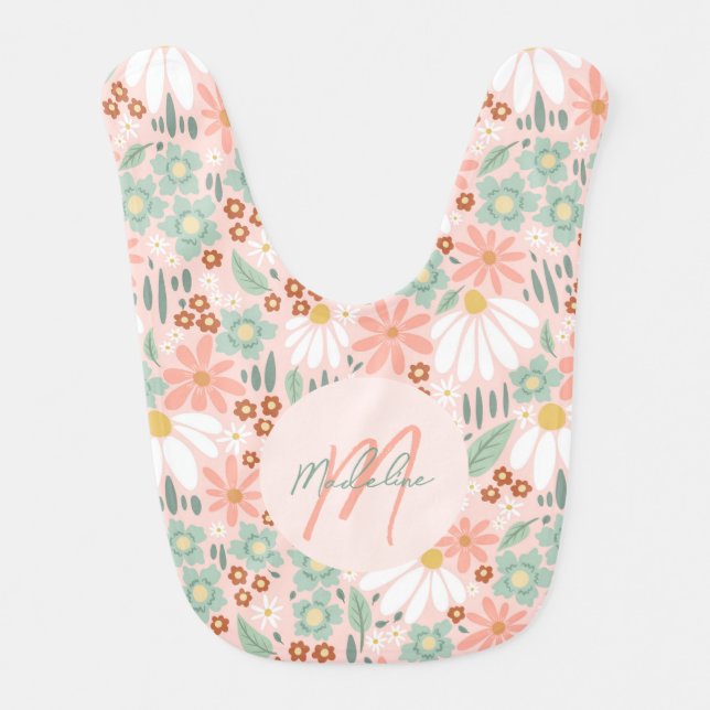 Girly Cute Pink Daisy Floral Monogrammed Baby Bib (Front)