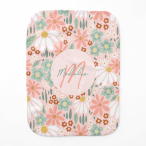 Girly Cute Pink Daisy Wildflower Monogram Baby Burp Cloth