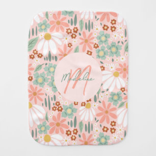 Girly Cute Pink Daisy Wildflower Monogram Baby Burp Cloth