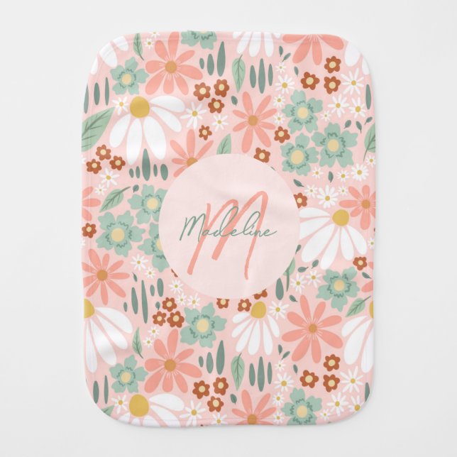Girly Cute Pink Daisy Wildflower Monogram Baby Burp Cloth (Front)