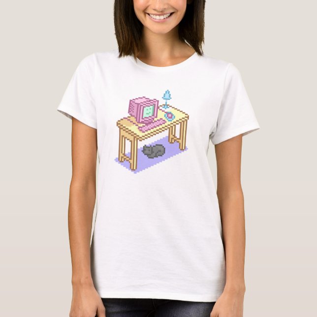 Girly Cute Pink Pixel Art Computer Geek T-Shirt (Front)