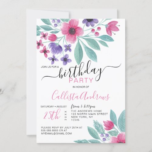 Girly Cute Pink Purple Watercolor Floral Birthday Invitation