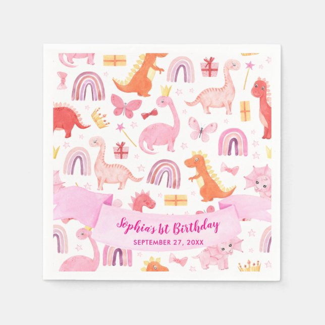 Girly Cute Pink Ribbon Baby Dinosaur Kids Birthday Napkins (Front)