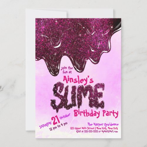 Girly Cute Pink Sparkly Glitter Slime Birthday Invitation