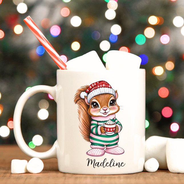 Girly Cute Pink Squirrel Christmas Mug (Christmas personalized mug)