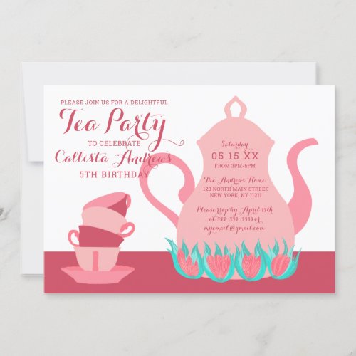 Girly Cute Pink Teal Floral Tea Party Birthday Invitation