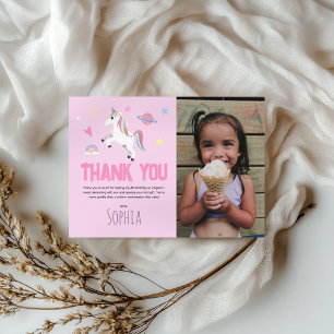 Girly Cute Pink Unicorn Kids Birthday Thank You Card
