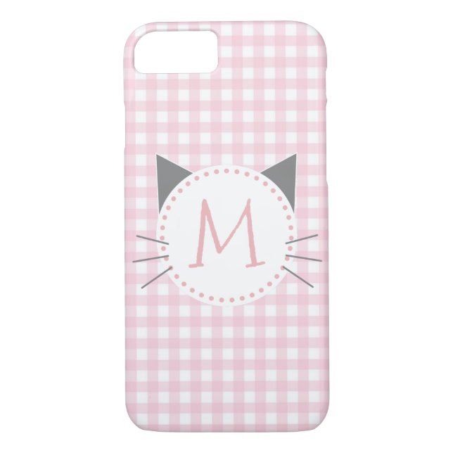 Girly Cute Pink & White Gingham | Cat Monogram Case-Mate iPhone Case (Back)