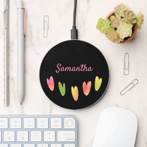 Girly Cute Pretty Monogrammed Hearts Black Wireless Charger