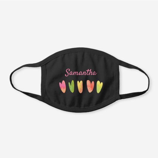 Girly Cute Pretty Monogrammed Hearts Pattern Black Cotton Face Mask (Front)