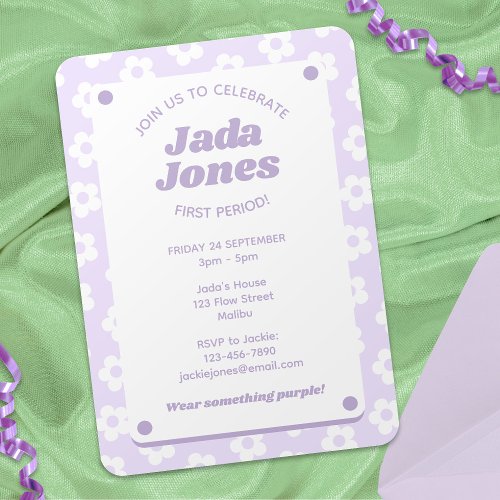 Girly Cute Purple Flowers First Period Party  Invitation