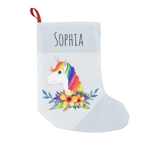 Girly Cute Rainbow Unicorn Cartoon and Name Kids Small Christmas Stocking