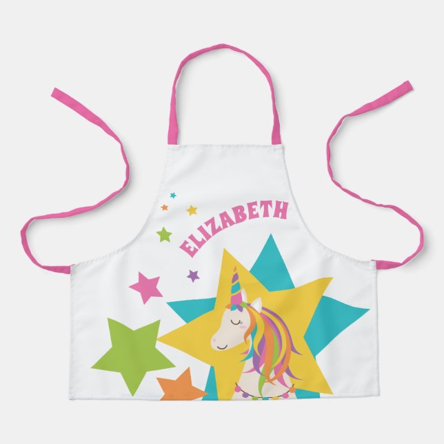 Girly Cute Rainbow Unicorn Stars Add Your Name Apron (Front)