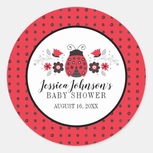 Girly Cute Red Ladybug Baby Shower Classic Round Sticker