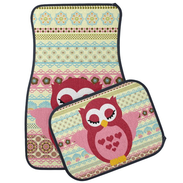 Girly Cute Sleepy Owl Car Floor Mat (Set)