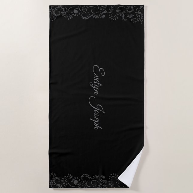 Girly cute summer ethnic black gray personalized beach towel (Front)