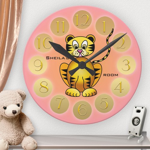 Girly Cute Tiger Pink Gold Wall Clock