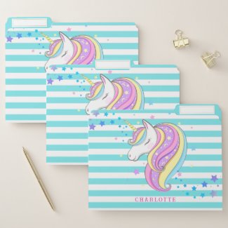 Girly Cute Unicorn Holographic Stars Aqua Stripes