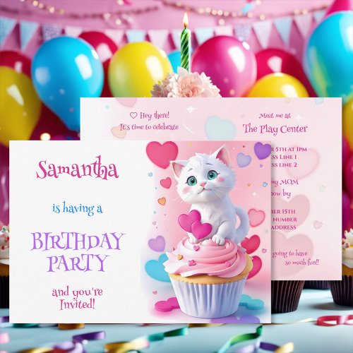 Girly Cute White Kitten and Cupcake Birthday Party Invitation