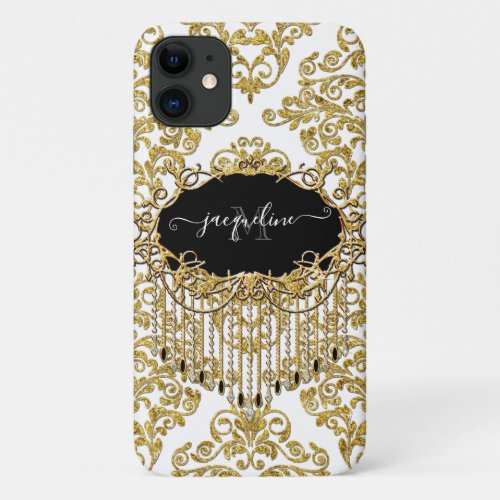 Girly Damask Gold Glitter Sparkle Monogram Name iPhone 11 Case