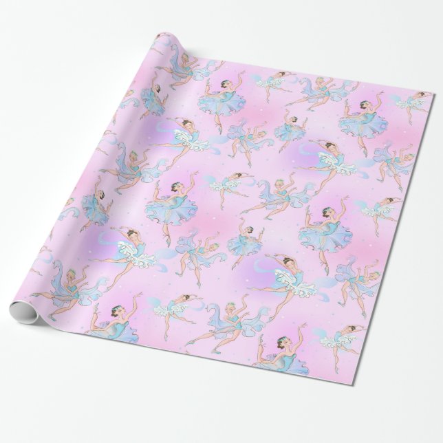 Girly Dancing Ballerinas With Aqua Pink Pattern Wrapping Paper (Unrolled)