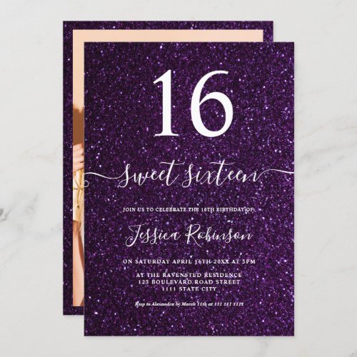 Girly dark purple glitter script chic Sweet 16 Invitation
