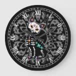 Girly Day Of The Dead Cute Cat And Grey Damask Large Clock at Zazzle