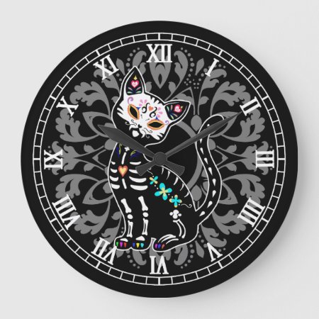 Girly Day Of The Dead Cute Cat And Grey Damask Large Clock