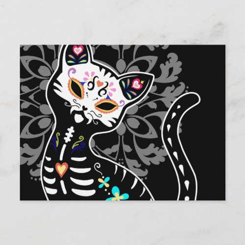 Girly Day of the Dead cute cat custom black Postcard